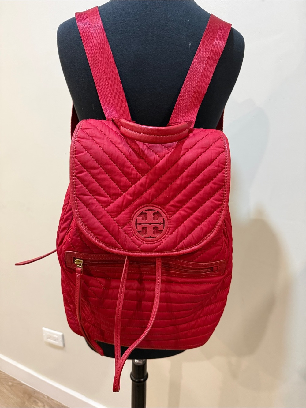 Tory Burch Quilted Red Logo Backpack